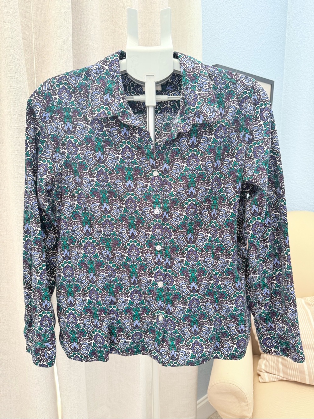 Talbots Long-Sleeve Preppy Patterned Corduroy Velvety Shirt Green & Navy M